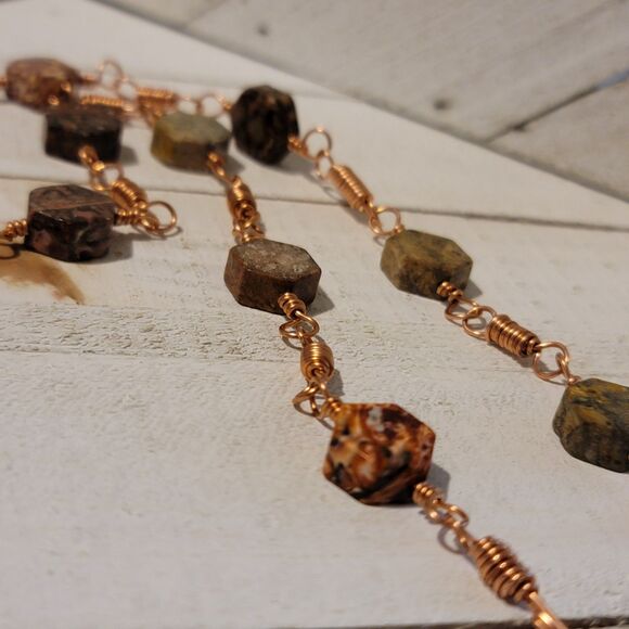 Handmade Raw Jasper Copper Wire Wrapped Bead Link Bracelet - Picture 6 of 6
